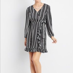 black & white striped wrap front ruffle dress